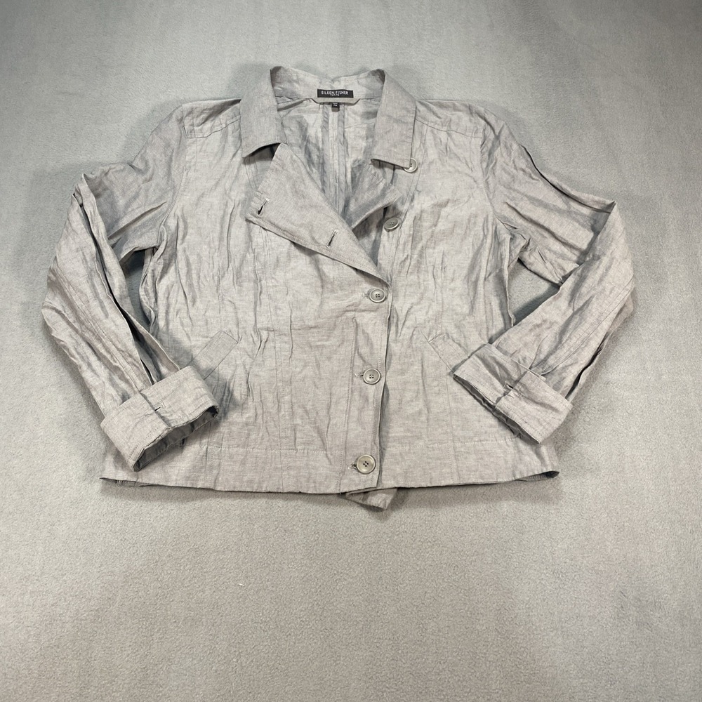Eileen Fisher Crinkle Jacket Petite Med Gray Organic Cotton Blend Lightweight